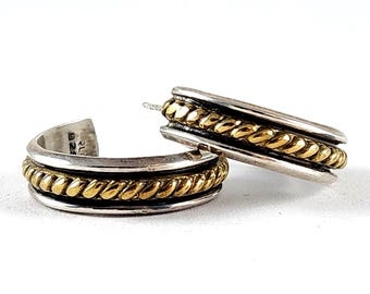 Vintage Heavy Taxco Sterling Silver and Gold Vermeil Stud Open Hoop Earrings - Mexico - Estate Jewelry
