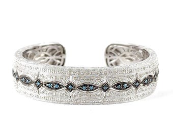 Vintage Affinity Sterling Silver Blue & White Diamond Hinged Cuff Bracelet - 7"