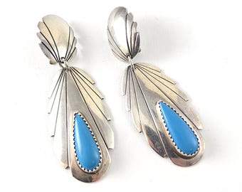 Vintage Signed Navajo Sterling Silver Turquoise Clip On Dangle Earrings