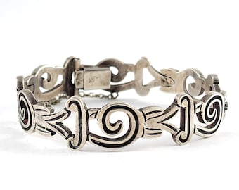 Vintage Taxco Sterling Silver Hinged Link Scroll & Swirl Bracelet - Heavy Sterling Bracelet - Estate Jewelry - 7"