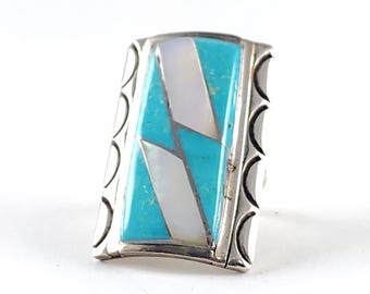 Vintage Sterling Silver Curtis and Corinne Leekity Zuni Shield Inlay Ring - Turquoise and MOP Ring - Size 6.5