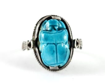 Vintage Sterling Silver Egyptian Style Scarab Beetle Ring - Size 9 3/4