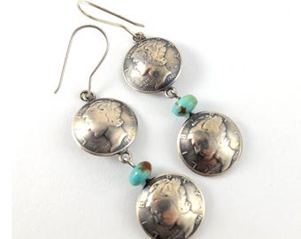 Vintage 90% Silver Double Domed Mercury Dime Earrings - Dangle Earrings - Turquoise Beads
