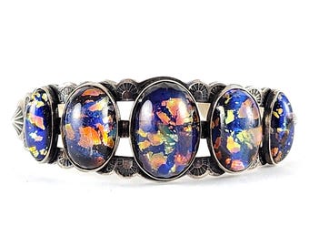 Vintage Sterling Silver Fred Harvey Native Style Cuff Bracelet - Dragons Breath Art Glass Stones - 6"