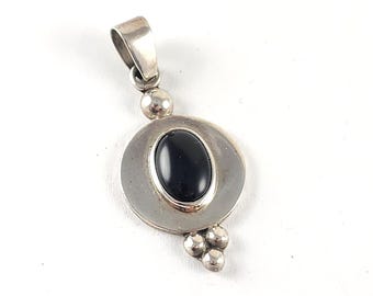 Vintage Mexico Sterling Silver Black Onyx Necklace Pendant - Estate Jewelry