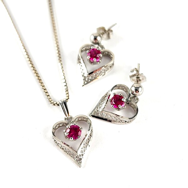 Vintage Silverplate Heart with Rubies Necklace and Earrings - Sterling Silver 18" Box Chain - Heart Gift Set with Box