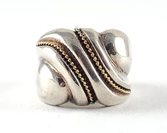 Vintage Sterling Silver & 14K Gold Wavey Dome Wide Band Ring - Size 8