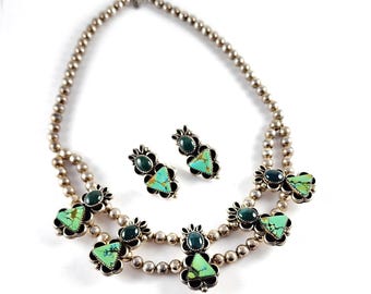 Vintage Native American Sterling Silver Navajo Pearls Green Turquoise Figures Necklace & Earrings