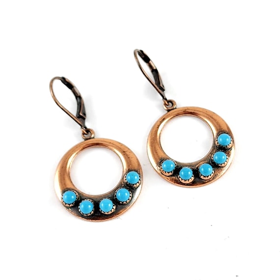 Vintage Copper Turquoise Hoop Dangle Earrings - image 1