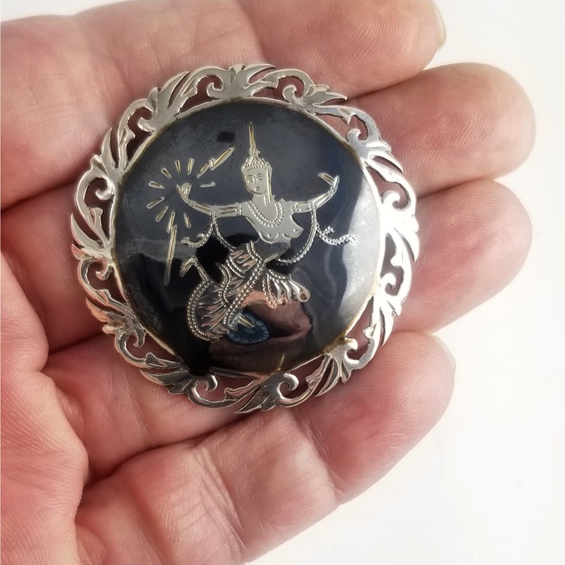 Vintage Sterling Silver Siam Pendant Estate Jewelry Nielloware Brooch Pin