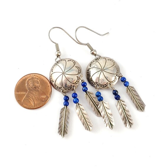 Vintage Silver Tone Concho Feather Earrings - Sil… - image 3