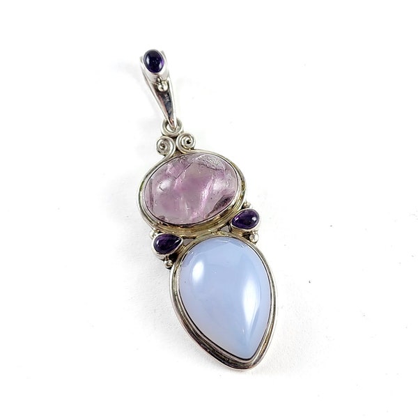 Vintage Sterling Silver Sajen Moonstone and Amethyst Gemstone Necklace Pendant