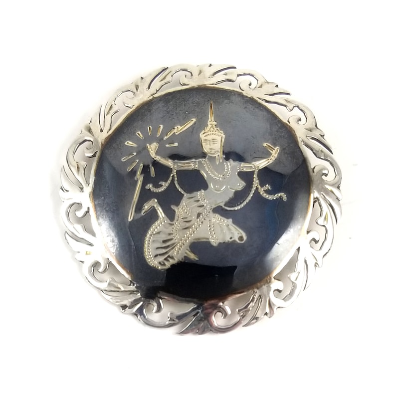 Vintage Sterling Silver Siam Pendant Estate Jewelry Nielloware Brooch Pin