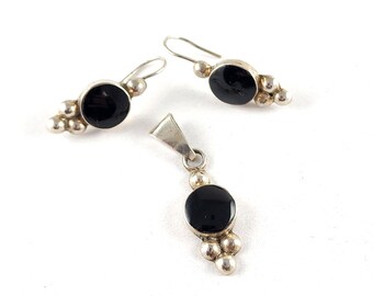 Vintage Sterling Silver Round Obsidian Dangle Earrings and Pendant Set