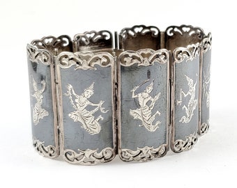 Vintage Sterling Silver Siam Nielloware Link Bracelet - Wide Heavy Bracelet - Estate Jewelry - 6.5"