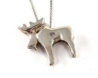 Vintage Glen Sandoval Navajo Sterling Silver Double Sided Moose Fetish Necklace - 23" Sterling Chain