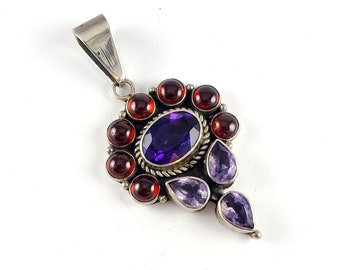 Vintage Sterling Silver Bea Tom Cluster Necklace Pendant - Native American - Amethyst & Garnet