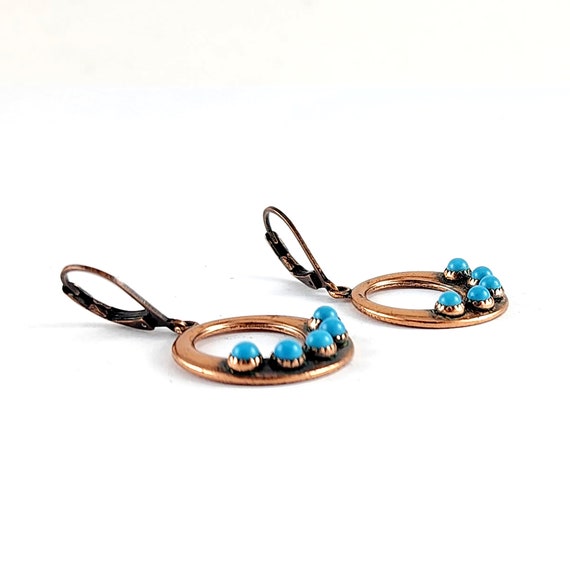 Vintage Copper Turquoise Hoop Dangle Earrings - image 3