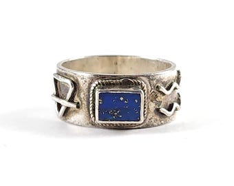 Vintage Modernist Sterling Silver Lapis Lazuli Wide Band Ring - Triangle Pattern - Size 8.75