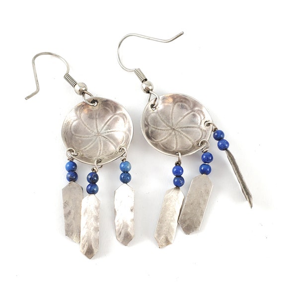 Vintage Silver Tone Concho Feather Earrings - Sil… - image 5