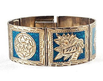 Mexico JOY-MEX Sterling Silver Turquoise Chip Inlay Hinged Panel Link Bracelet - 7"