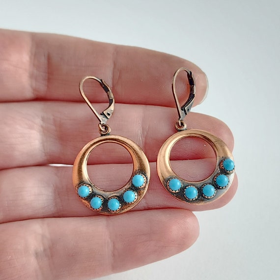 Vintage Copper Turquoise Hoop Dangle Earrings - image 4