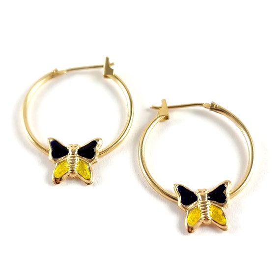 Vintage 14K Gold Butterfly Hoop Earrings - 14K Go… - image 1