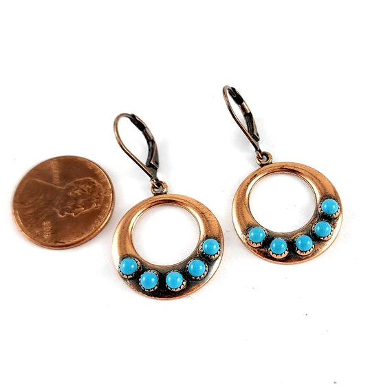 Vintage Copper Turquoise Hoop Dangle Earrings - image 2