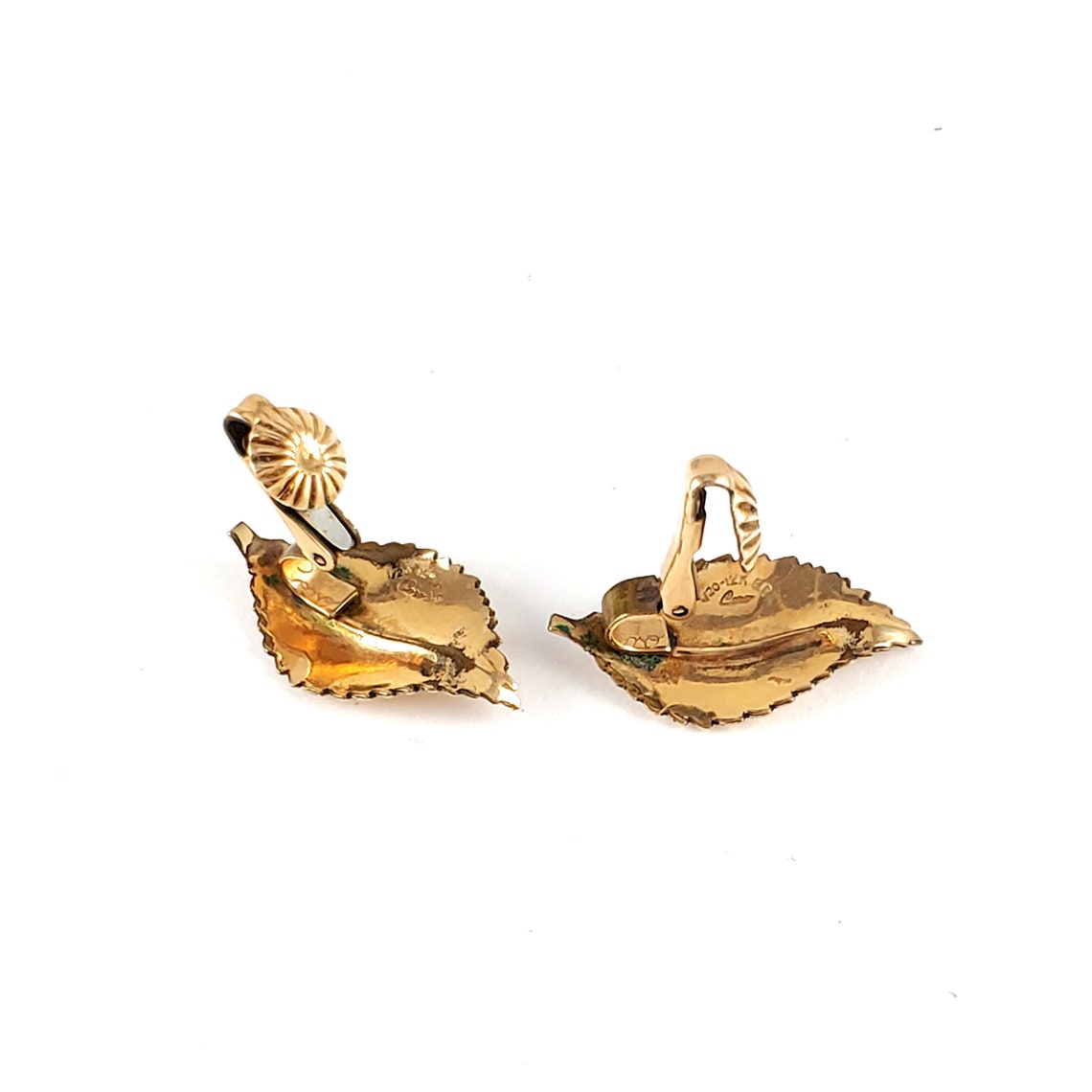 Peachy Yellow Glitter Sugar Earrings Rhinestones Leaf Clip On by Coro