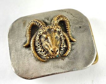 Vintage Brass & Nickel Ram Belt Buckle - 3D Dimensional