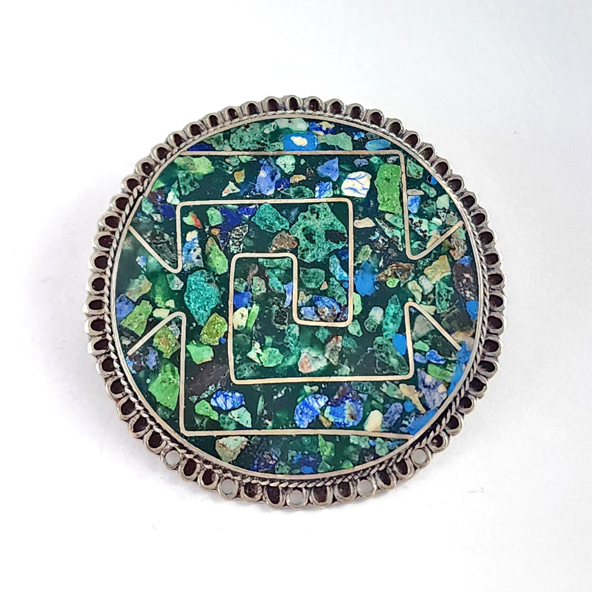 Vintage Taxco Mexico Sterling Silver Aztec Maze Azurite Chip Inlay