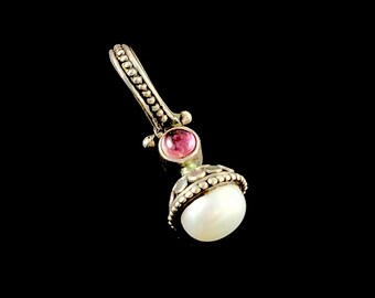 Vintage Sterling Silver Pearl and Pink Gemstone Necklace Pendant