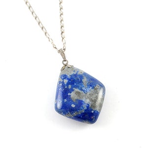 Vintage Sterling Silver Lapis Lazuli Necklace Pendant - 18&quot; Curb Chain