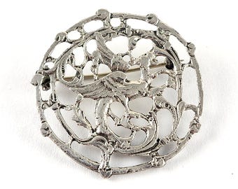 Vintage Old 800 Silver Mythical Flying Dragon Open Round Brooch - Estate Jewelry
