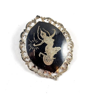 Vintage Sterling Silver Siam Nielloware Brooch Pin - Estate Jewelry