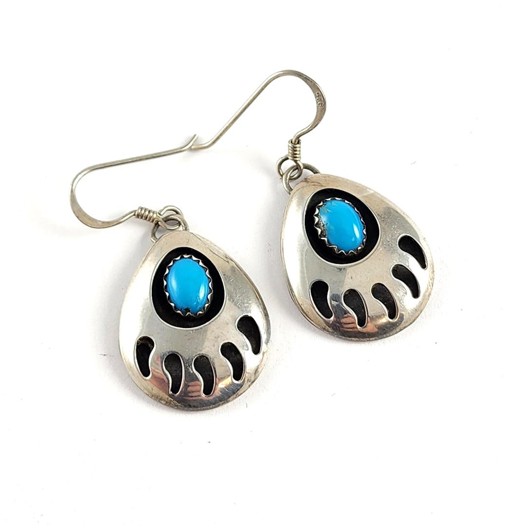 Vintage Navajo Sterling Silver Bear Claw Turquoise Shadowbox Dangle ...