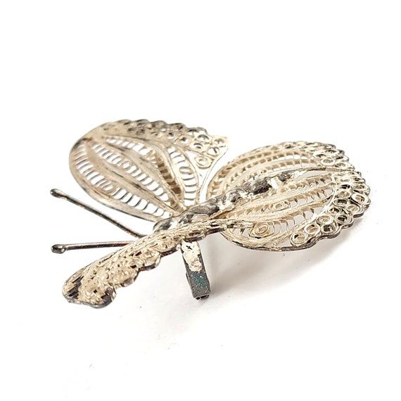 Vintage Silver Wire Filigree Butterfly Brooch Pin - image 3