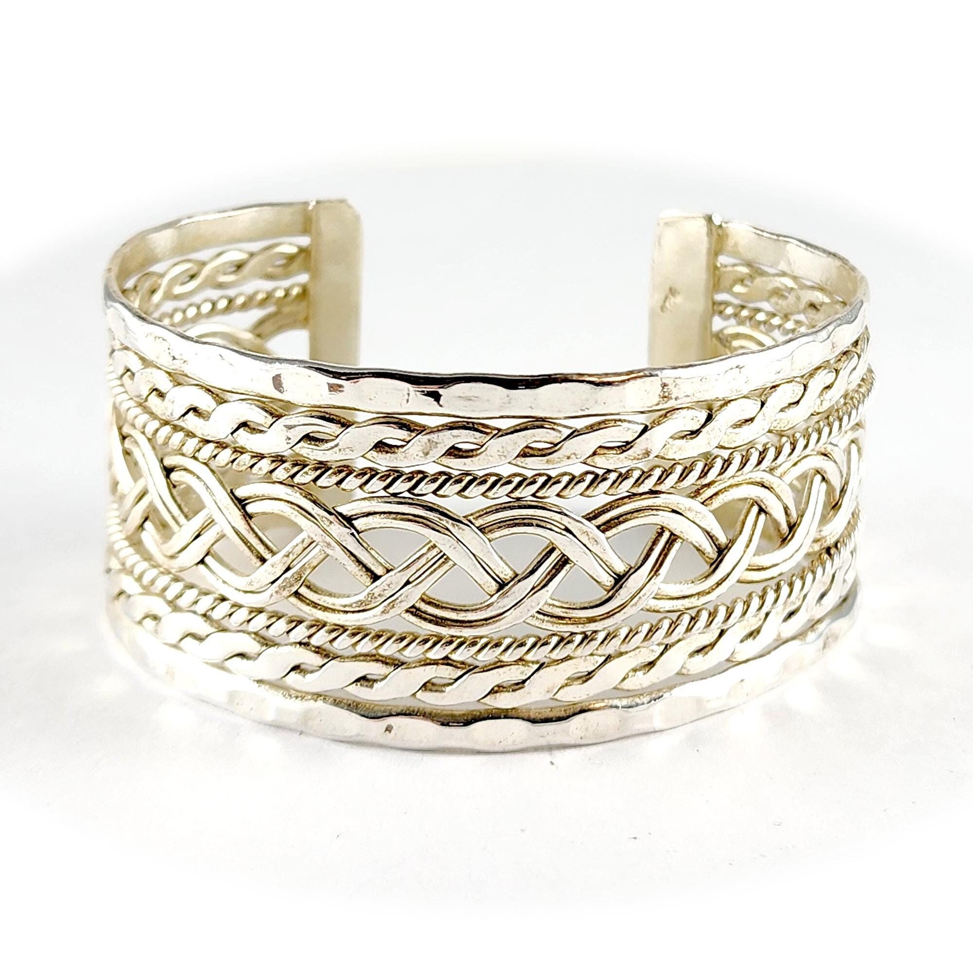 Vintage Flat Rope Braided Wide Sterling Silver Cuff Bracelet