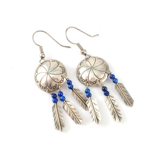 Vintage Silver Tone Concho Feather Earrings - Sil… - image 1