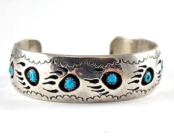 Vintage Pearlene Spencer Navajo Sterling Silver Turquoise Shadowbox Bear Claw Paw Cuff Bracelet - 7"