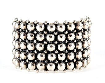 Vintage Mexico Sterling Silver Ball Bead 1.5" Wide Cuff Bracelet - Modernist Bracelet - 6.75"