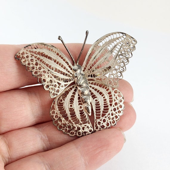Vintage Silver Wire Filigree Butterfly Brooch Pin - image 4
