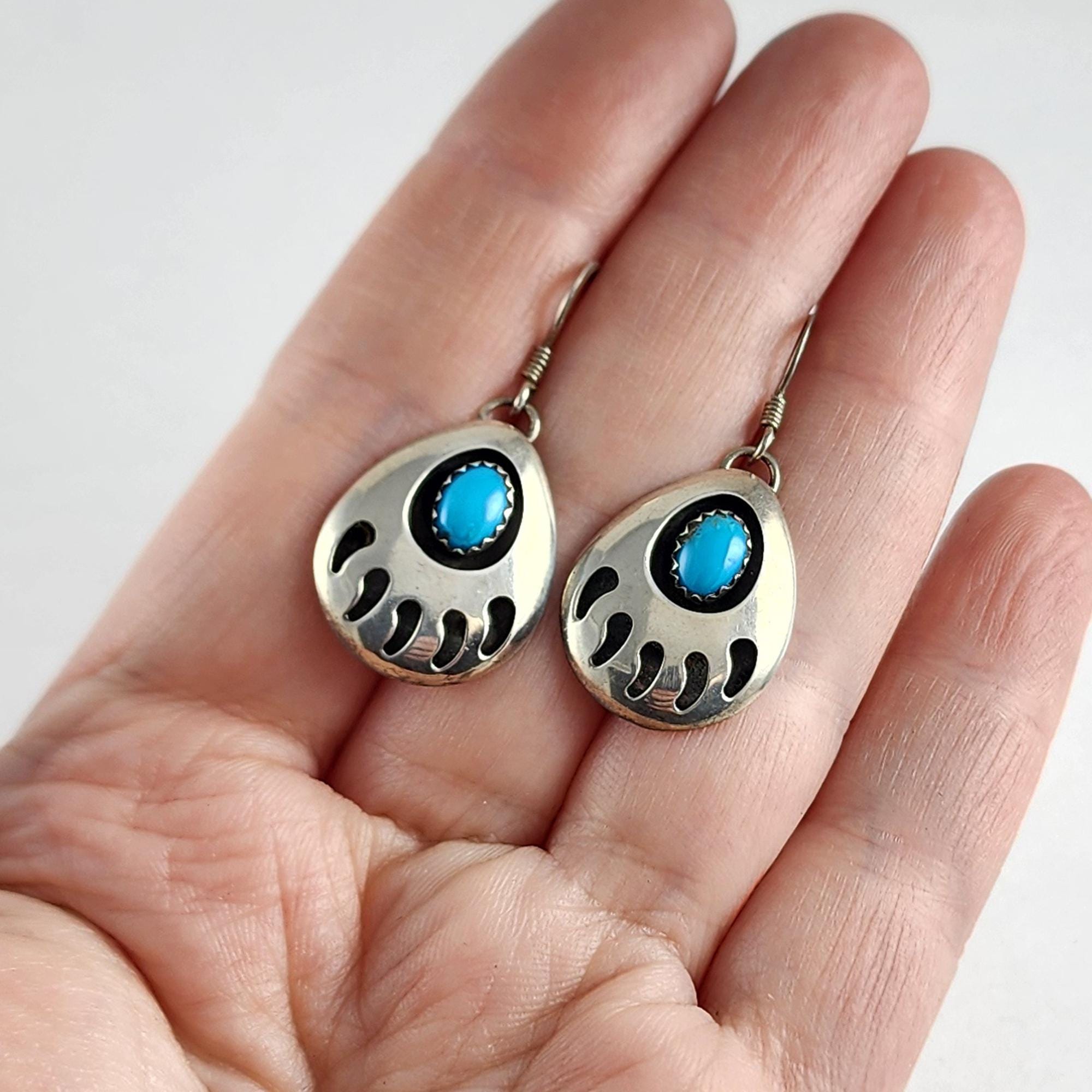 Vintage Navajo Sterling Silver Bear Claw Turquoise Shadowbox Dangle ...
