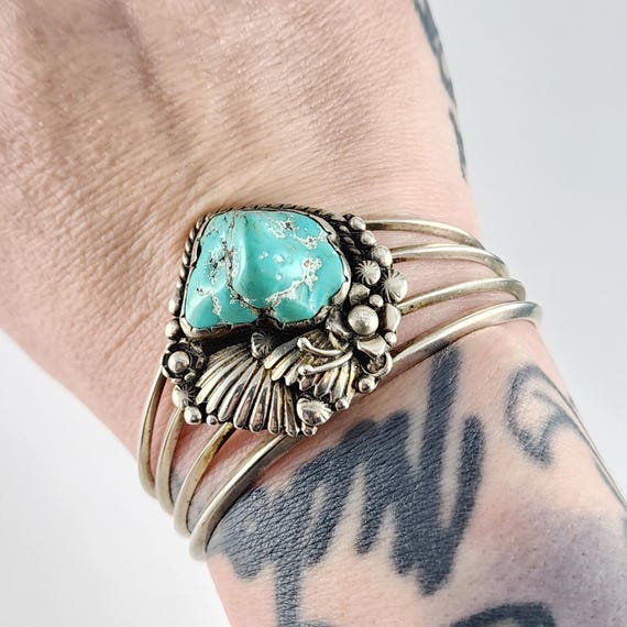 Vintage Old Pawn Silver Leaf Turquoise Cuff Bracelet … - Gem
