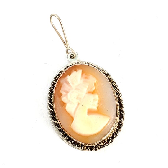 Antique 800 Silver Cameo Pendant - Carved Shell C… - image 1