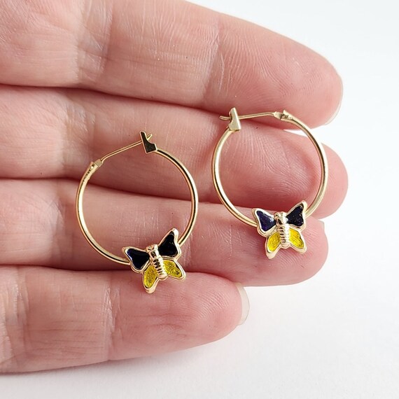 Vintage 14K Gold Butterfly Hoop Earrings - 14K Go… - image 3