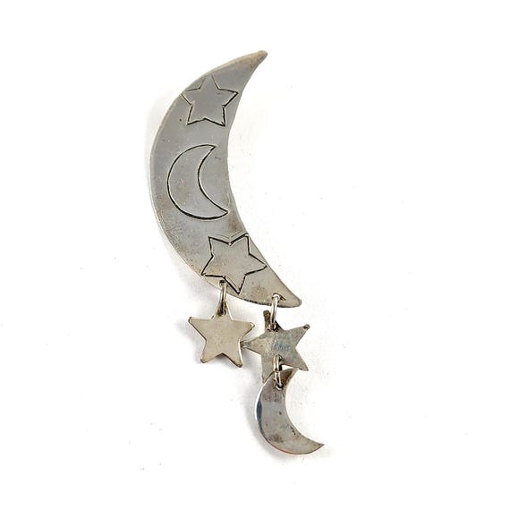 Vintage Taxco Sterling Silver Moon Brooch - Crescent Moon and Dangling Stars