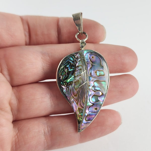 Vintage Sterling Silver Abalone Shell Inlay Leaf Necklace Pendant  - Silver Paua Pendant