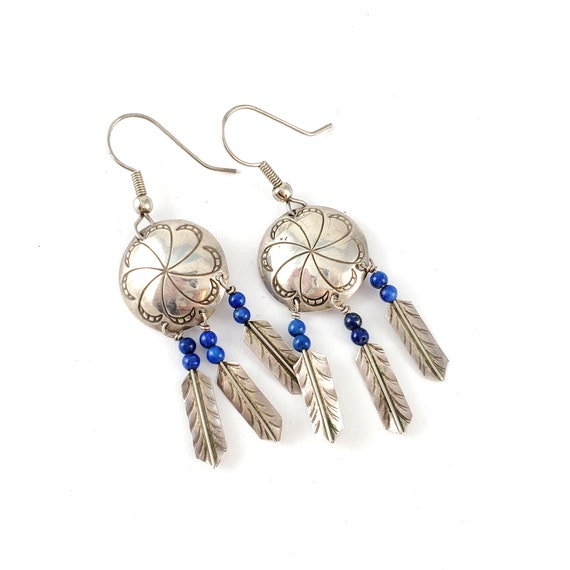 Vintage Silver Tone Concho Feather Earrings - Sil… - image 2