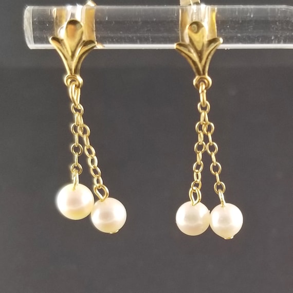 Vintage 14K Gold Pearl Dangle Earrings - 2 Pearl E